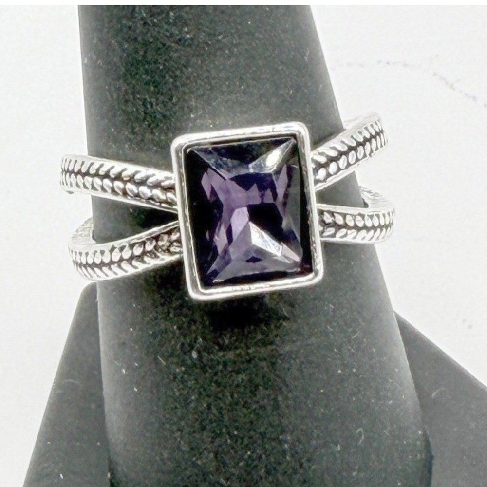 New Purple Glass Ring Stainless Steel Double Band Ring Size 8.75 - Picture 1 of 5